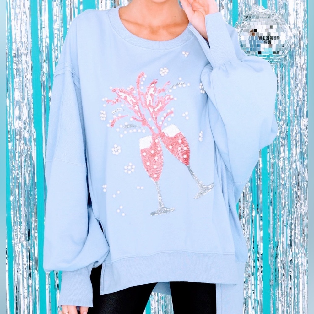 Fantastic Fawn blue Sweatshirt with Pink and Silver Design medium